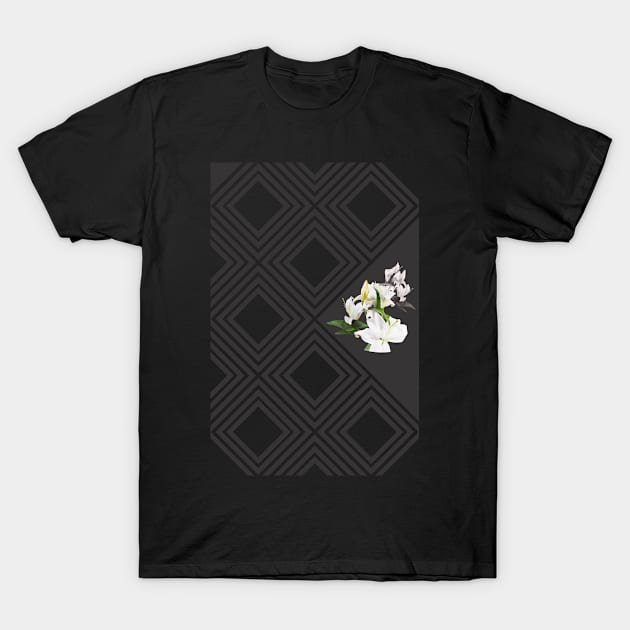 Square tiling patterns & white flowers T-Shirt by nileshkikuchise